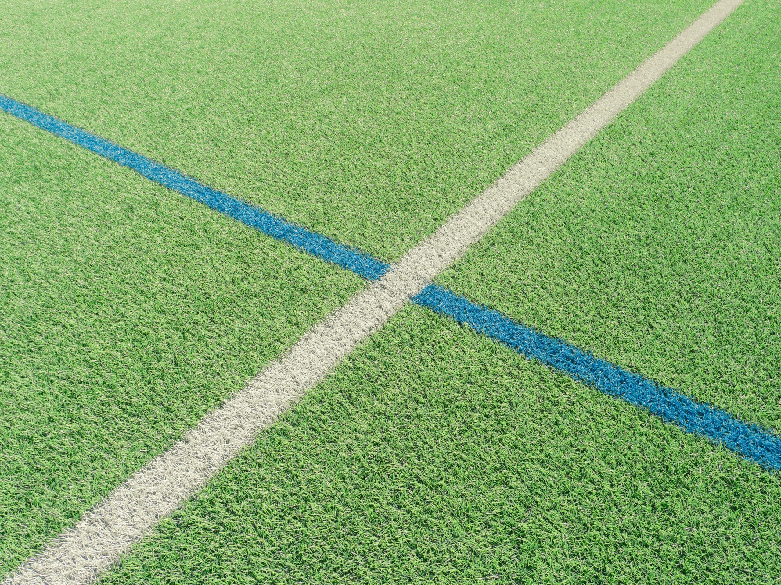 Artificial turf with blue and white lines