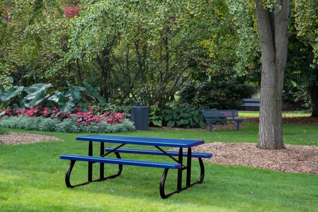 black and blue picnic table in a small park